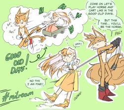 Size: 2048x1812 | Tagged: safe, artist:mercybhk, cream the rabbit, miles "tails" prower, oc, oc:villain miles, comic:where was my hero?, aged up, cream x tails, dialogue, green background, laughing, outline, sfx, shipping, simple background, skidding, speech bubble, standing, straight, thought bubble