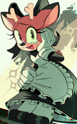 Size: 2437x3895 | Tagged: safe, artist:specterpie, deer, 2026, bending over, bow, clothes, crying, dapple the doe, doe, dress, female, gloves, hand on face, holding something, idw sonic the hedgehog, looking at viewer, maid outfit, mouth open, open smile, shoes, smile, solo, standing, tears