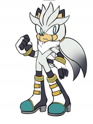 Size: 1228x1621 | Tagged: safe, artist:acidictorture, silver the hedgehog, hedgehog, 2026, alternate hairstyle, alternate outfit, arm sleeves, boots, chest fluff, clenched fist, clenched teeth, flat colors, fur markings, gloves, male, neck fluff, redesign, simple background, socks, solo, standing, stockings, white background