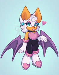 Size: 1612x2048 | Tagged: safe, artist:hasuuky, rouge the bat, bat, 2026, blue background, ear piercing, earring, female, heart, looking at viewer, obtrusive watermark, piercing, signature, simple background, solo, standing, watermark