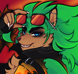 Size: 2048x1944 | Tagged: safe, artist:hasuuky, scourge the hedgehog, hedgehog, 2026, chest fluff, claws, clothes, ear piercing, earth, eyebrow piercing, eyewear on head, face piercing, fingerless gloves, gloves, gradient background, jacket, leather jacket, lidded eyes, lip peircing, looking at viewer, male, piercing, sharp teeth, signature, smile, solo, sunglasses