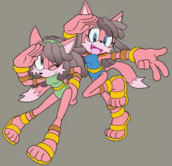 Size: 1577x1518 | Tagged: safe, artist:niko-za-neko, leeta the wolf, lyco the wolf, wolf, 2026, duo, female, grey background, looking at viewer, one fang, open mouth, open smile, pose, siblings, simple background, smile, smiling at viewer, tongue, wink