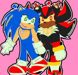 Size: 1284x1236 | Tagged: safe, artist:malekthecat7, shadow the hedgehog, sonic the hedgehog, holding hands, shadonic, shadow x sonic, shipping, sonic x shadow