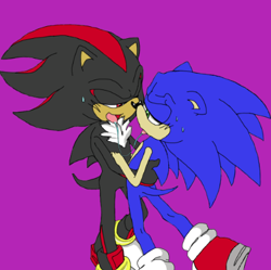 Size: 454x453 | Tagged: suggestive, artist:dawnhedgehog555, shadow the hedgehog, sonic the hedgehog, 2012, after kiss, blushing, duo, flat colors, gay, holding each other, kiss, lidded eyes, looking at each other, mouth open, purple background, saliva, saliva trail, shadow x sonic, shipping, simple background, smile, standing, sweatdrop, tongue out