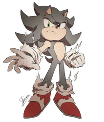 Size: 600x703 | Tagged: safe, artist:shira hedgie, sonic the hedgehog, hedgehog, 2017, clenched fist, dark form, dark sonic, frown, looking at viewer, male, reaching out, reaching towards the viewer, signature, simple background, solo, torn gloves, torn socks, white background