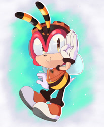 Size: 1280x1562 | Tagged: safe, artist:n4fizz, charmy bee, bee, 2024, bottomless, charmabetes, clothes, cute, gloves, goggles, gradient background, hat, jacket, looking at viewer, male, outline, pilot hat, salute, shoes, signature, smile, solo, treads