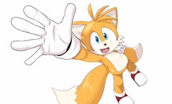 Size: 2048x1234 | Tagged: safe, artist:seen023hey, miles "tails" prower, fox, 2026, from above, looking at viewer, looking up, looking up at viewer, mouth open, open smile, reaching up, simple background, smile, solo, standing, white background