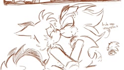 Size: 1338x764 | Tagged: safe, artist:buttersss__, miles "tails" prower, shadow the hedgehog, sonic the hedgehog, fox, hedgehog, 2026, arrow, attempted kiss, duo focus, eyes closed, gay, kiss, line art, male, monochrome, question mark, shadow x tails, shipping, simple background, sketch, spanish text, sweatdrop, text, third wheel, trio