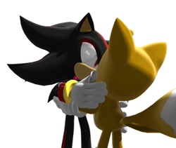 Size: 907x767 | Tagged: safe, artist:neosomlas, miles "tails" prower, shadow the hedgehog, fox, hedgehog, 2026, 3d, duo, gay, holding each other, hugging, kiss, male, mmd, shadow x tails, shipping, simple background, standing, white background