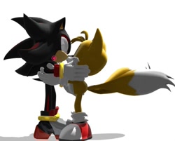 Size: 803x646 | Tagged: safe, artist:neosomlas, miles "tails" prower, shadow the hedgehog, fox, hedgehog, 2026, 3d, duo, gay, holding each other, hugging, kiss, male, mmd, shadow x tails, shipping, simple background, standing, white background