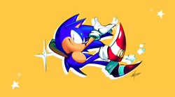 Size: 2048x1139 | Tagged: safe, artist:andrewk_o, sonic the hedgehog, hedgehog, 2026, falling, hand behind head, looking at viewer, male, signature, simple background, smile, solo, sparkles, yellow background