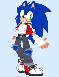Size: 1583x2048 | Tagged: safe, artist:hippiecockatoo, sonic the hedgehog, hedgehog, 2026, belt, blue background, blushing, clothes, ear fluff, fingerless gloves, gloves, jacket, jeans, knee fluff, leg fluff, male, pants, pawpads, ripped pants, shirt, shoes, signature, simple background, smile, solo, standing, watermark