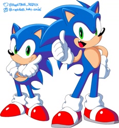 Size: 1223x1316 | Tagged: safe, artist:raphtb65_redux, sonic the hedgehog, hedgehog, 2026, alternate eye color, arms folded, classic sonic, duo, green eyes, looking at viewer, male, mouth open, one fang, open smile, pointing, self paradox, simple background, smile, smiling at viewer, standing, thumbs up, white background