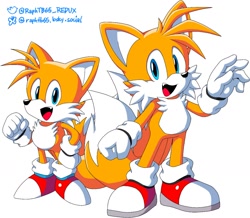 Size: 1286x1122 | Tagged: safe, artist:raphtb65_redux, miles "tails" prower, fox, 2026, alternate eye color, blue eyes, classic tails, clenched fist, duo, looking at viewer, male, mouth open, one fang, open smile, self paradox, simple background, smile, smiling at viewer, waving, white background