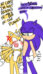 Size: 750x1280 | Tagged: safe, artist:kirsa-w, miles "tails" prower, sonic the hedgehog, fox, hedgehog, 2017, angry, aquaphobia, astraphobia, blushing, cross popping vein, dialogue, duo, english text, flat colors, frown, gay, hand on head, looking at each other, male, mouth open, shipping, simple background, sonic x tails, text, white background
