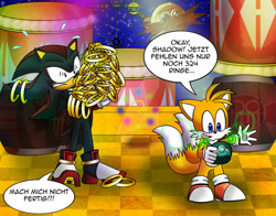 Size: 900x705 | Tagged: safe, artist:supervielahnung, miles "tails" prower, shadow the hedgehog, fox, hedgehog, 2011, barrel, circus park zone, dialogue, duo, ferris wheel, frown, german text, holding something, male, nighttime, outdoors, ring, scene interpretation, shadow the hedgehog (video game), shrunken pupils, smile, speech bubble, standing, talking, text