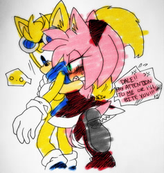 Size: 675x711 | Tagged: safe, artist:adadevoda, amy rose, ray the flying squirrel, hedgehog, squirrel, 2013, amy x ray, blushing, clothes, crack shipping, dialogue, dress, duo, english text, female, goggles, hugging, lidded eyes, male, mouth open, o.o, scarf, shipping, simple background, sketch, standing, standing on one leg, straight, surprise hug, surprised, sweatdrop, text, treads, white background