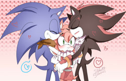 Size: 1024x664 | Tagged: safe, artist:misterhyeon-in, amy rose, sonic the hedgehog, hedgehog, 2015, amy x shadow, amy x sonic, bandana, blushing, clothes, dress, eyes closed, female, frown, heart, hugging, male, shipping, signature, smile, sonic boom (tv), speech bubble, straight, trio