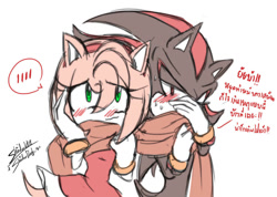 Size: 1024x730 | Tagged: safe, artist:misterhyeon-in, amy rose, shadow the hedgehog, hedgehog, 2015, amy x shadow, blushing, covering mouth, dialogue, duo, embarrassed, exclamation mark, eye clipping through hair, eyebrow clipping through hair, female, flat colors, hand on face, heart, lidded eyes, male, scarf, sharing a scarf, sharing clothing, shipping, signature, simple background, speech bubble, straight, sweatdrop, talking, text, thai text, white background