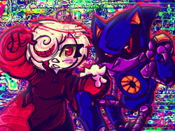 Size: 2048x1536 | Tagged: safe, artist:gooberthed, metal sonic, sage, human, sonic frontiers, 2023, black sclera, duo, eyelashes, female, glitch, hair over one eye, looking at viewer, outline, robot, siblings, sisters, trans female, trans girl metal sonic, transgender