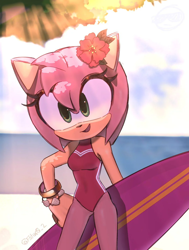 Size: 1080x1431 | Tagged: safe, artist:cheesybraunet, amy rose, hedgehog, 2026, amybetes, beach, bracelet, clouds, daytime, eyelashes, female, flower, flower in ear, holding something, mouth open, open smile, outdoors, smile, solo, standing, surfboard, swimsuit, water