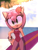Size: 1080x1431 | Tagged: safe, artist:cheesybraunet, amy rose, hedgehog, 2026, amybetes, beach, bracelet, clouds, daytime, eyelashes, female, flower, flower in ear, holding something, mouth open, open smile, outdoors, smile, solo, standing, sunlight, surfboard, swimsuit, water