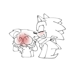 Size: 500x500 | Tagged: safe, artist:txilsprowerdibujos2, miles "tails" prower, sonic the hedgehog, fox, hedgehog, 2026, after kiss, bandana, blushing, cheek fluff, covering face, cute, duo, embarrassed, gay, line art, male, monochrome, shipping, simple background, smile, sonabetes, sonic x tails, spot color, tailabetes, white background