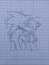 Size: 500x668 | Tagged: safe, artist:txilsprowerdibujos2, miles "tails" prower, sonic the hedgehog, fox, hedgehog, 2026, aged up, blushing, duo, english text, eyes closed, gay, holding hands, kiss, kiss on lips, line art, male, monochrome, pencilwork, shipping, sonic x tails, standing, text, traditional media