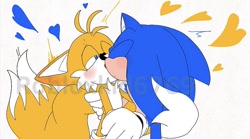 Size: 800x446 | Tagged: safe, artist:robloxkid6769, miles "tails" prower, sonic the hedgehog, fox, hedgehog, 2026, blushing, blushing ears, duo, eyes closed, first kiss, flat colors, gay, heart, holding them, kiss, kiss on lips, lidded eyes, male, obtrusive watermark, shipping, simple background, sonic x tails, tail hug, watermark, white background