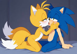Size: 1280x896 | Tagged: suggestive, ai art, miles "tails" prower, sonic the hedgehog, fox, 2025, barefoot, bed, belly button, blushing, duo, explicit description, eyelashes, femboy, gay, kiss, kneeling, lidded eyes, male, saliva, shipping, sitting, sloppy kissing, sonic x tails, tongue out, vulgar description