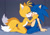 Size: 1280x896 | Tagged: suggestive, ai art, miles "tails" prower, sonic the hedgehog, fox, 2025, barefoot, bed, belly button, blushing, duo, explicit description, eyelashes, femboy, gay, kiss, kneeling, lidded eyes, male, saliva, shipping, sitting, sloppy kissing, sonic x tails, tongue out, vulgar description