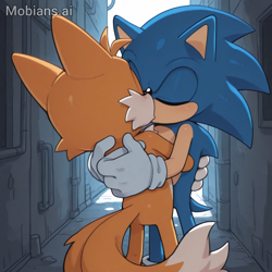 Size: 1024x1024 | Tagged: safe, ai art, artist:mobians.ai, miles "tails" prower, sonic the hedgehog, fox, hedgehog, 2026, duo, eyes closed, hugging, kiss, male, shipping, sonic x tails