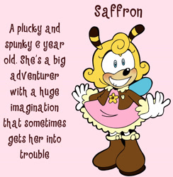 Size: 1727x1766 | Tagged: safe, artist:charmsterz, saffron bee, bee, 2026, aviator jacket, blushing, boots, character name, clothes, dress, english text, eyelashes, female, jacket, pink background, redesign, simple background, solo, text, wings