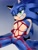 Size: 1536x2048 | Tagged: suggestive, artist:bluestarjam, artist:studiononsense, sonic the hedgehog, hedgehog, barefoot, bondage, chest fluff, ear fluff, eyelashes, featureless crotch, gradient background, kneeling, lidded eyes, looking at viewer, male, signature, sitting, smile, solo, sweat, sweatdrop, tied up