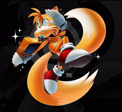 Size: 2048x1883 | Tagged: safe, artist:thatbirdguy_, miles "tails" prower, fox, sonic frontiers, 2026, alternate universe, au:tails frontiers, echo background, frown, holding something, looking offscreen, male, mid-air, miles electric, redraw, signature, solo, sparkles, treads