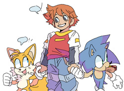 Size: 923x681 | Tagged: safe, artist:escapethecitywithme, chris thorndyke, miles "tails" prower, sonic the hedgehog, fox, hedgehog, human, sonic x, food, holding hands, looking at each other, looking offscreen, male, mouth hold, simple background, smile, speech bubble, standing, talking, trio, white background