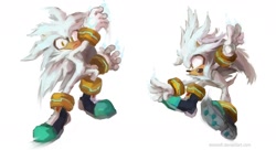 Size: 1280x698 | Tagged: safe, artist:leonsofi, silver the hedgehog, hedgehog, duality, fighting pose, frown, lineless, looking at viewer, looking offscreen, male, mouth open, pose, simple background, solo, treads, white background