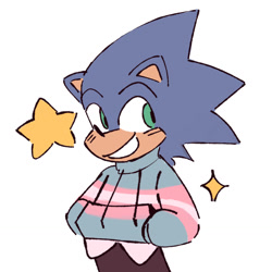 Size: 1280x1280 | Tagged: safe, artist:stargravity, sonic the hedgehog, hedgehog, 2020, clothes, hands in pocket, hoodie, male, pants, pride, simple background, smile, solo, star (symbol), trans male, trans pride, transgender, white background