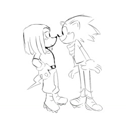 Size: 1280x1280 | Tagged: safe, artist:stargravity, knuckles the echidna, sonic the hedgehog, echidna, hedgehog, 2019, bandana, belt, blushing, clothes, cute, duo, frown, gay, knucklebetes, knuxonic, line art, looking at each other, male, monochrome, pants, shipping, shirt, simple background, smile, sonabetes, standing, trans male, transgender, white background