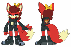 Size: 1280x853 | Tagged: safe, artist:shockblast13, fiona fox, fox, 2025, acorn (symbol), arm sleeves, belly button, belt, boots, bow, clothes, crop top, duality, eyelashes, female, fingerless gloves, flat colors, gloves, hair bow, jacket, lidded eyes, looking at viewer, midriff, redesign, reference sheet, shorts, smile, solo, standing