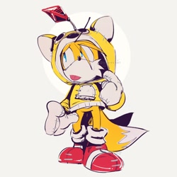 Size: 1200x1200 | Tagged: safe, artist:daniveart, miles "tails" prower, tails doll, fox, 2026, bottomless, clothes, cosplay, halloween, halloween outfit, hoodie, looking offscreen, male, mouth open, open smile, simple background, smile, solo, sonic speed simulator, standing, watermark, white background