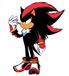 Size: 1265x1386 | Tagged: safe, artist:justin61894350, shadow the hedgehog, hedgehog, sonic the hedgehog 3 (film), 2026, chest fluff, clenched fist, frown, looking offscreen, male, simple background, solo, standing, whiskers, white background