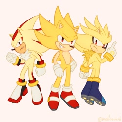 Size: 2048x2048 | Tagged: safe, artist:melloswish, shadow the hedgehog, silver the hedgehog, sonic the hedgehog, super shadow, super sonic, hedgehog, 2026, back fluff, chest fluff, clenched fists, clenched teeth, frown, looking at viewer, male, neck fluff, pointing, simple background, smile, sonictober, sonictober 2026, super form, super silver, treads, trio, white background