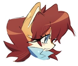 Size: 986x837 | Tagged: safe, artist:candleyy, sally acorn, chipmunk, 2026, blushing, bust, cute, female, looking offscreen, mouth open, open smile, sallabetes, side view, simple background, smile, solo, white background