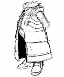 Size: 1128x1349 | Tagged: safe, artist:justin61894350, robotnik, human, 2026, clenched teeth, clothes, coat, eyewear on head, goggles, goggles on head, hands behind back, line art, looking offscreen, male, monochrome, sketch, smile, solo, trench coat