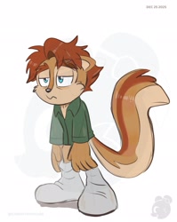 Size: 1632x2048 | Tagged: safe, artist:twincubcakes, elias acorn, squirrel, 2025, bottomless, eyebrow clipping through hair, floppy ears, frown, lidded eyes, looking offscreen, male, obtrusive watermark, shirt, shoes, simple background, solo, standing, tired, watermark, white background