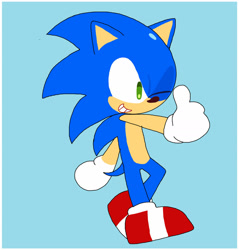 Size: 1280x1341 | Tagged: safe, artist:pnmickey1974, sonic the hedgehog, hedgehog, 2026, blue background, border, cookie run, cute, looking offscreen, male, redraw, simple background, smile, solo, sonabetes, thumbs up, wink