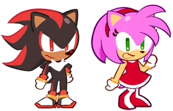 Size: 1658x1067 | Tagged: safe, artist:the-mighty-e, amy rose, shadow the hedgehog, hedgehog, 2025, amybetes, cookie run, cute, duo, female, frown, looking offscreen, male, shadowbetes, simple background, smile, standing, style emulation, white background