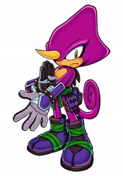 Size: 1424x2048 | Tagged: safe, artist:prolifkvelocity, espio the chameleon, 2026, belt, chameleon, edit, frown, heart chest, kunai knife, looking at viewer, male, redesign, simple background, standing, weapon, white background