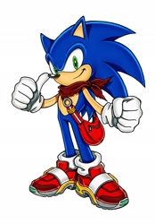 Size: 1424x2048 | Tagged: safe, artist:prolifkvelocity, sonic the hedgehog, hedgehog, 2026, bag, bandana, edit, looking at viewer, male, redesign, simple background, smile, soap shoes, solo, standing, thumbs up, white background